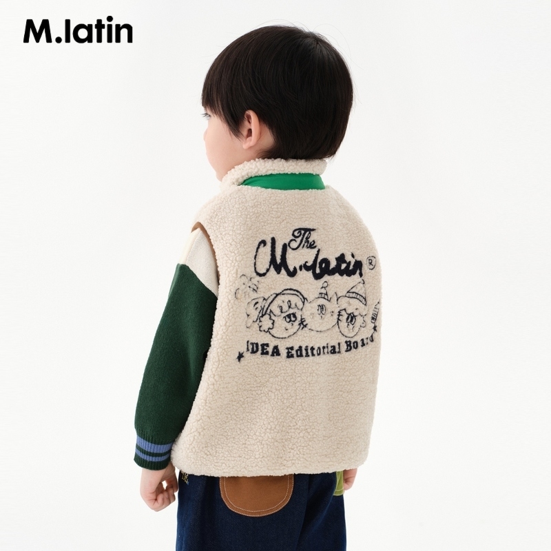 88VIP會員：M.Latin 馬拉丁 童裝棉服24冬裝新款男小童趣味線條繡花設(shè)計感仿羊羔毛馬甲