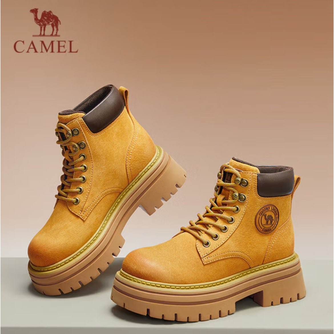 需湊單：駱駝（CAMEL） 山嵐 大黃靴女時髦戶外工裝馬丁靴