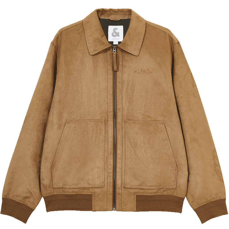 概率券、PLUS會員：JACK&JONES 杰克·瓊斯 搭翻領(lǐng)仿麂皮 短款外套 橡膠棕F09