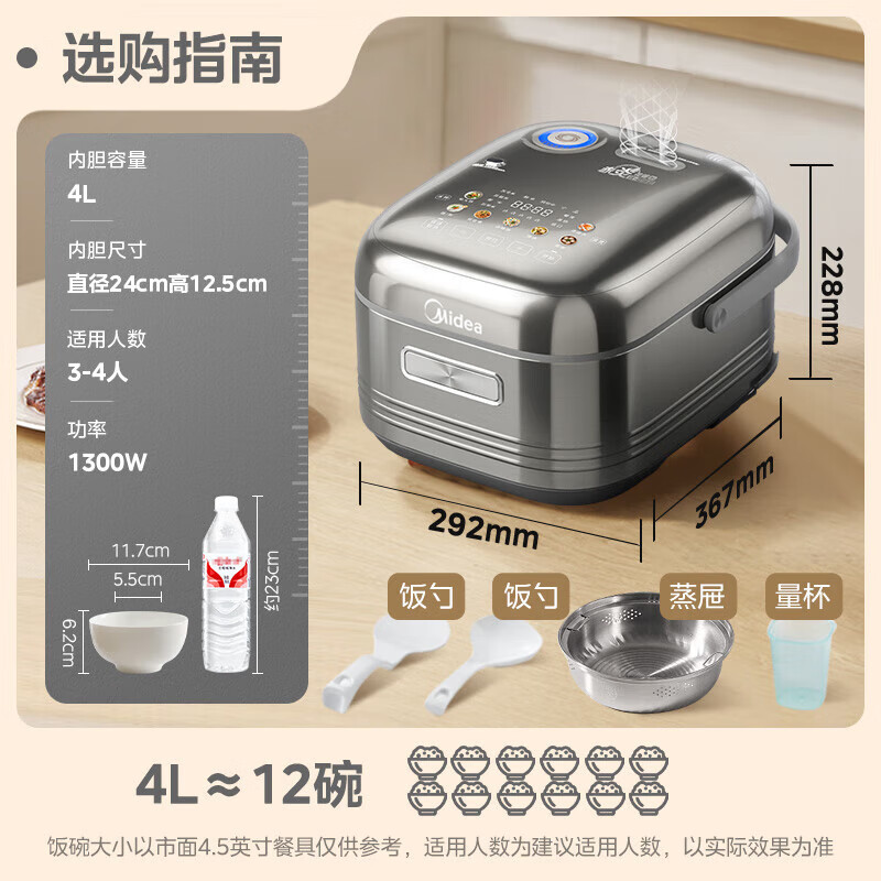美的 純鈦0涂層 稻香4升 1300W花瓣IH加熱 赤炎雙熱源MB-HS412