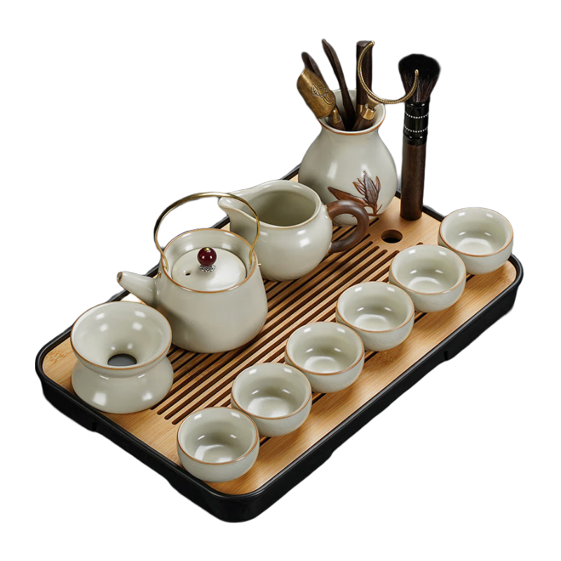 琦軒源米黃汝窯功夫茶具套裝陶瓷茶壺蓋碗茶杯茶盤輕奢高檔家用喝茶中式