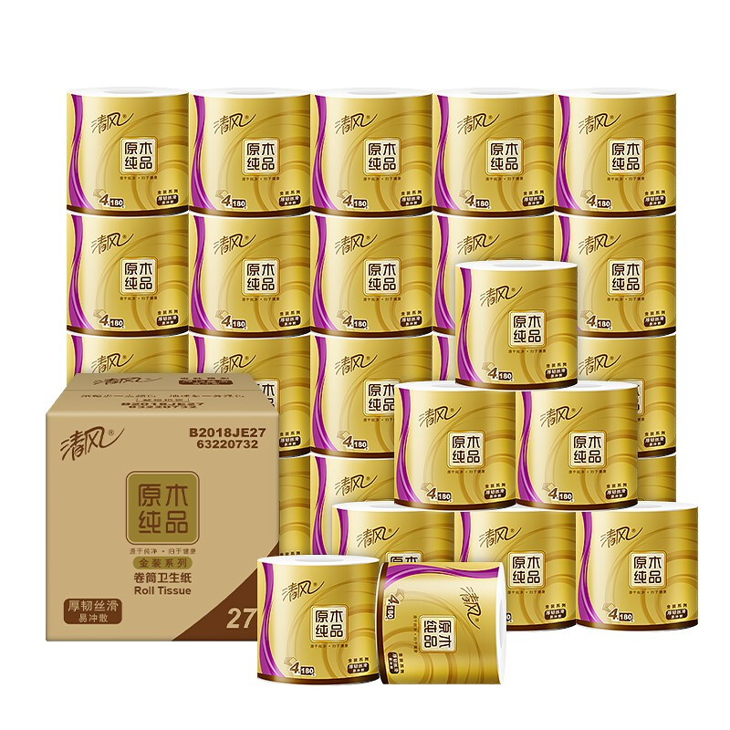 限移動端、京東百億補貼、PLUS會員：清風 原木金裝 卷紙 4層180g27卷