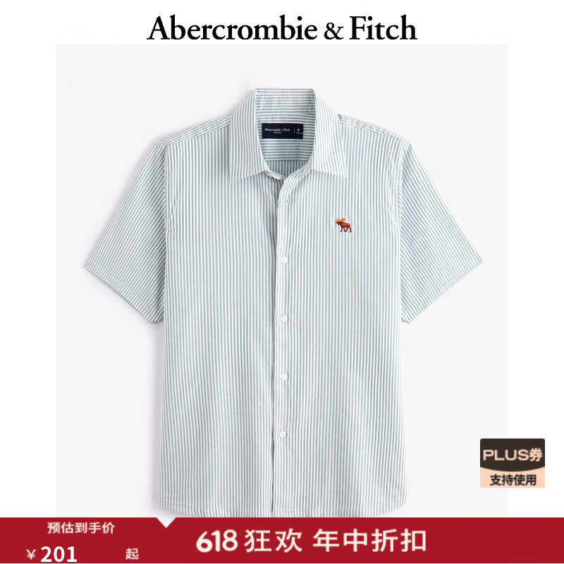 ABERCROMBIE & FITCH男裝25夏季新款經典小麋鹿LOGO牛津紡外搭短袖襯衫KI125-5084 綠色 S (175/92A)