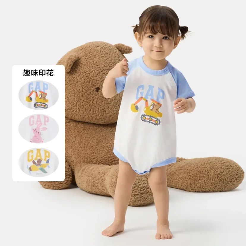 Gap嬰兒2025夏季款純棉印花logo撞色插肩袖連體衣兒童裝774571