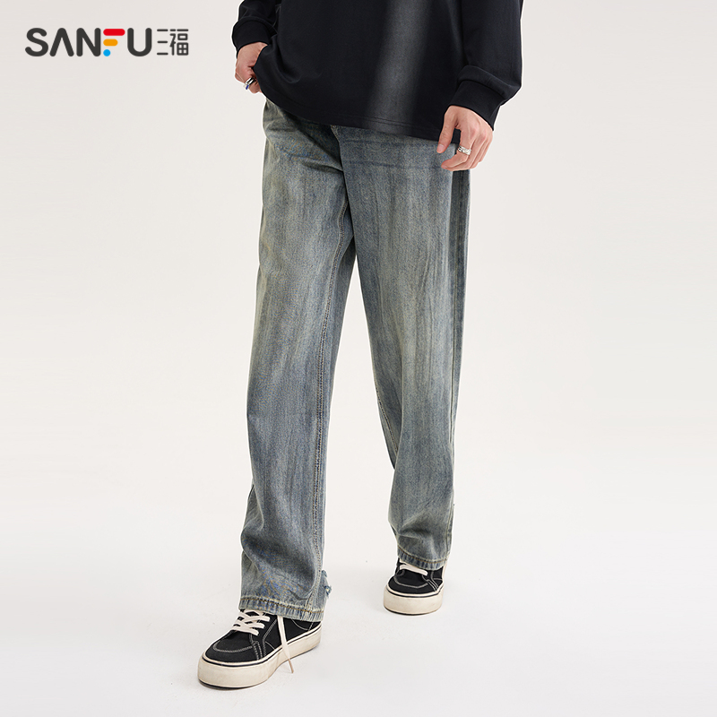 SANFU 三福 2024秋季男士抹臟設(shè)計(jì)寬松直筒牛仔褲 潮酷直腰長褲489125
