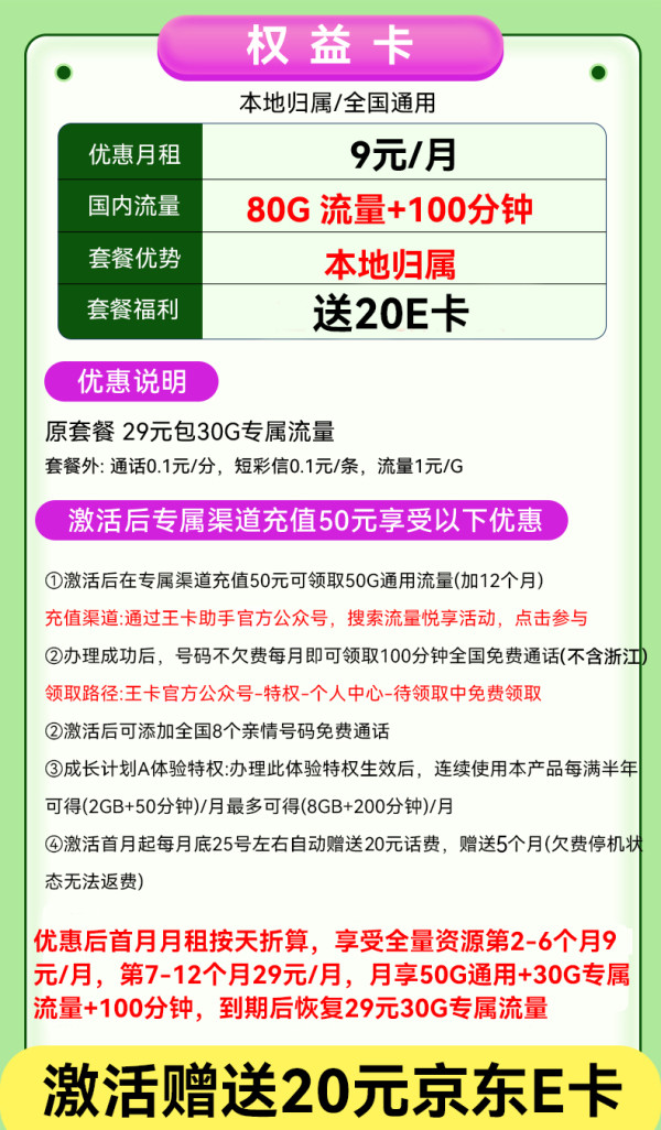 中國聯(lián)通 權(quán)益卡-9元/月（80G不限速+100分鐘+本地號碼）激活送20E卡