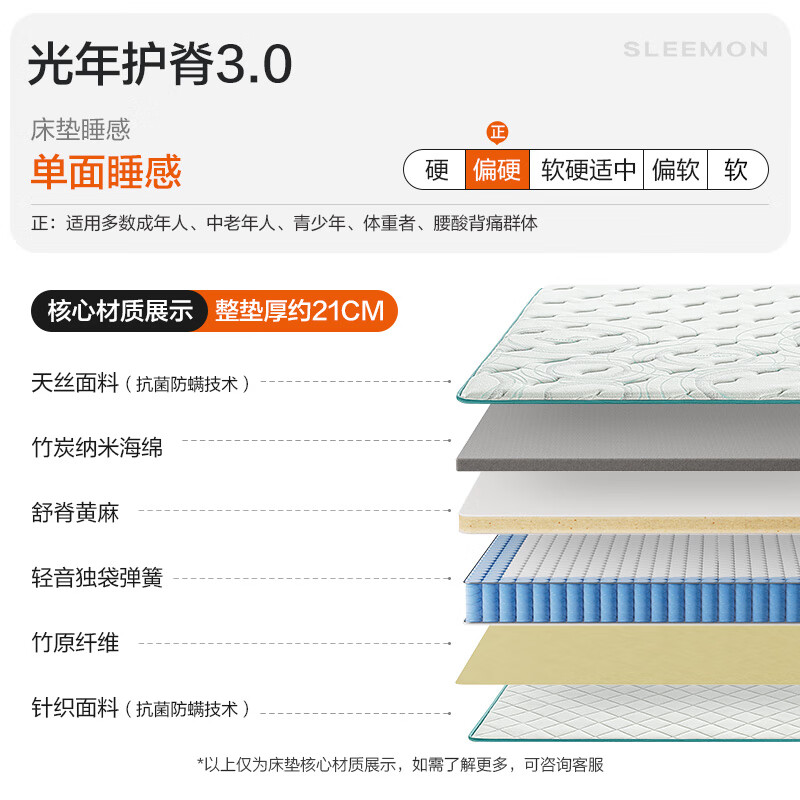 喜臨門 Sleemon 床墊 獨立袋裝彈簧加硬護脊黃麻彈簧厚床墊 光年護脊 光年護脊3.0床墊 1.8*2米