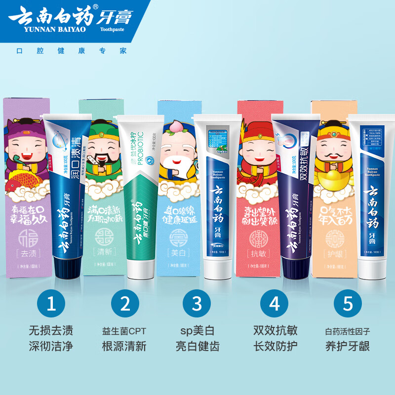 云南白藥 牙膏 牙膏禮盒裝 五福限量版 5件套共500g5支（贈旅行套裝）