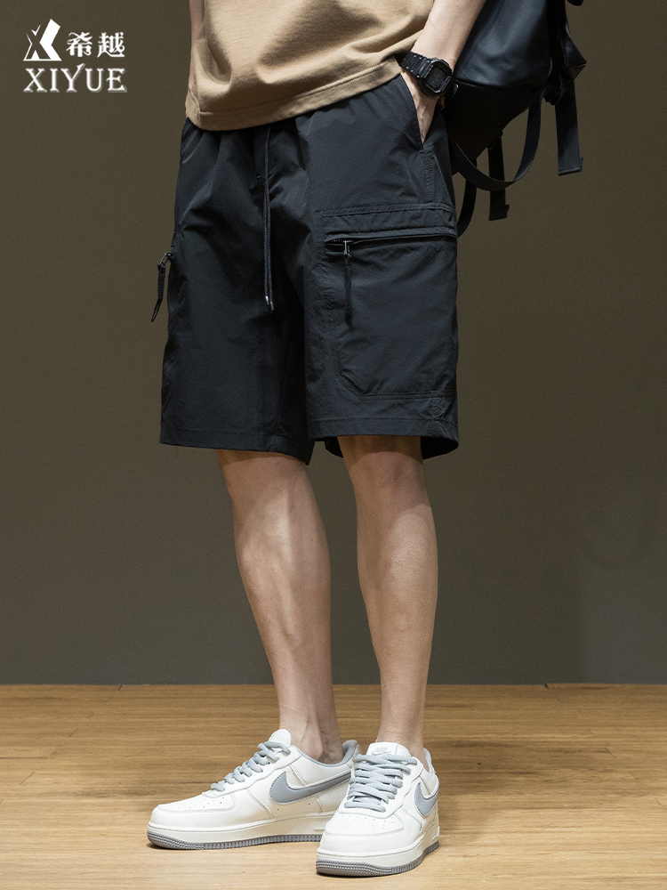 希越 拉鏈大口袋工裝短褲男夏季速干薄款五分運動褲子直筒大碼黑色男褲