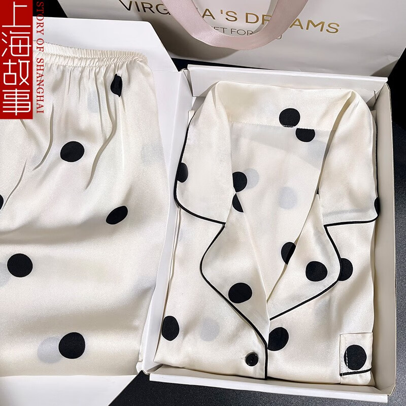 上海故事 STORYOFshanghai）睡衣女夏季白色短袖兩件套生日禮物家居服室內彈舒適透氣波點白（短袖長褲）